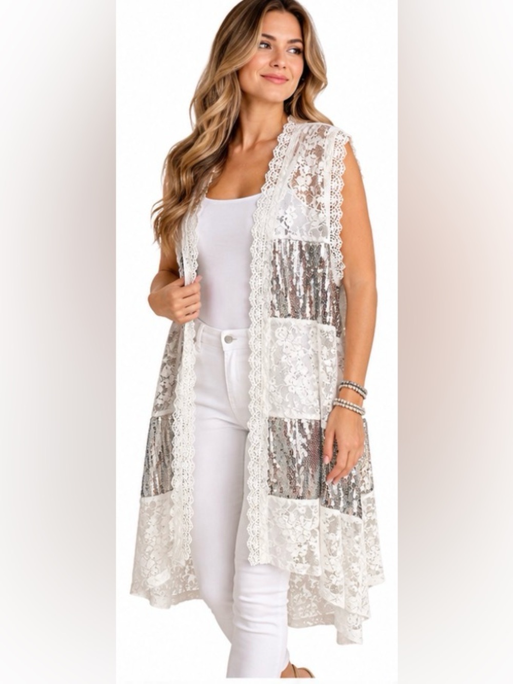 Origami by Vivian Size XL White Lace Silver Sequin Long Duster Vest NWOT